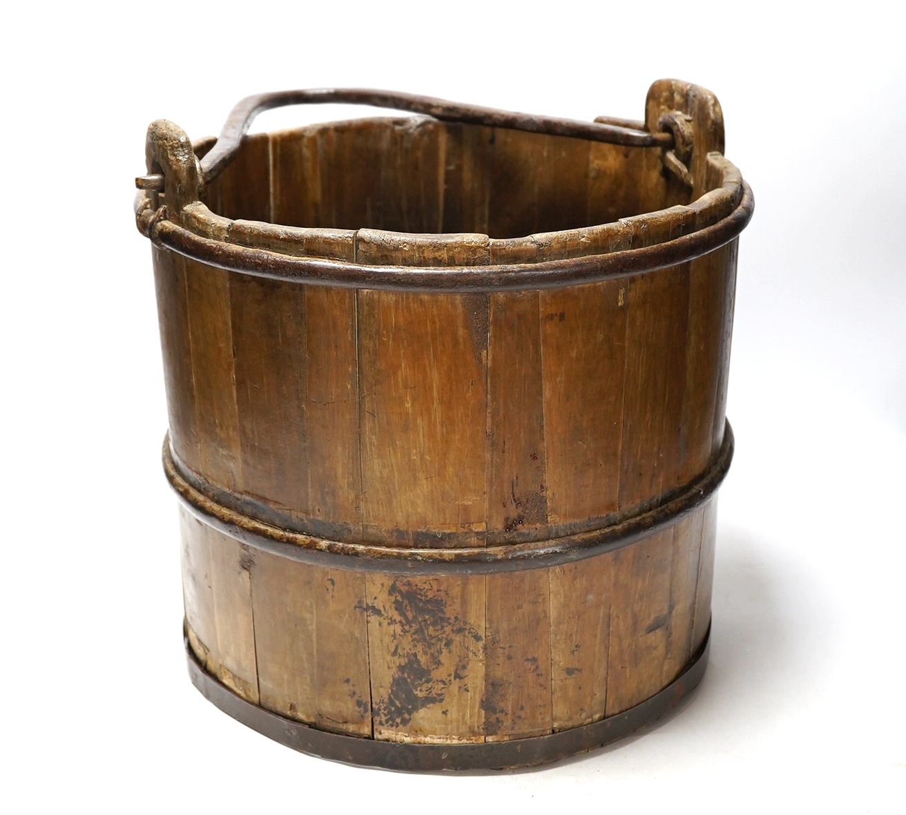 A 19th century coopered well bucket, 34cm. Condition - fair